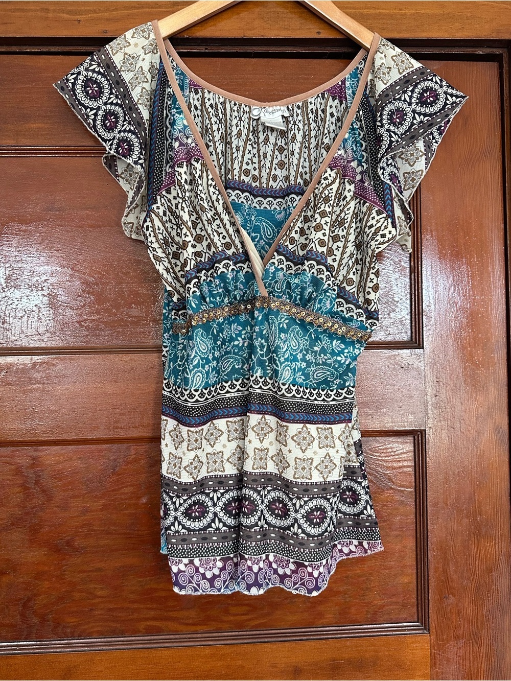 Y2K Mesh Babydoll Top Size Large Sequin Trim Paisley Patchwork Bohemian Peasant